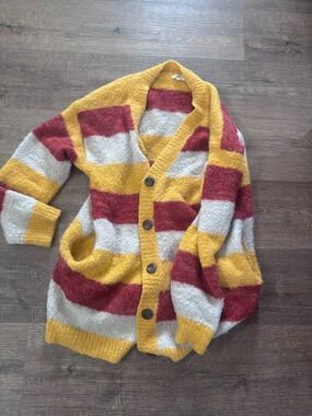 easel Striped Cardigan in Mustard, Red, and Cream